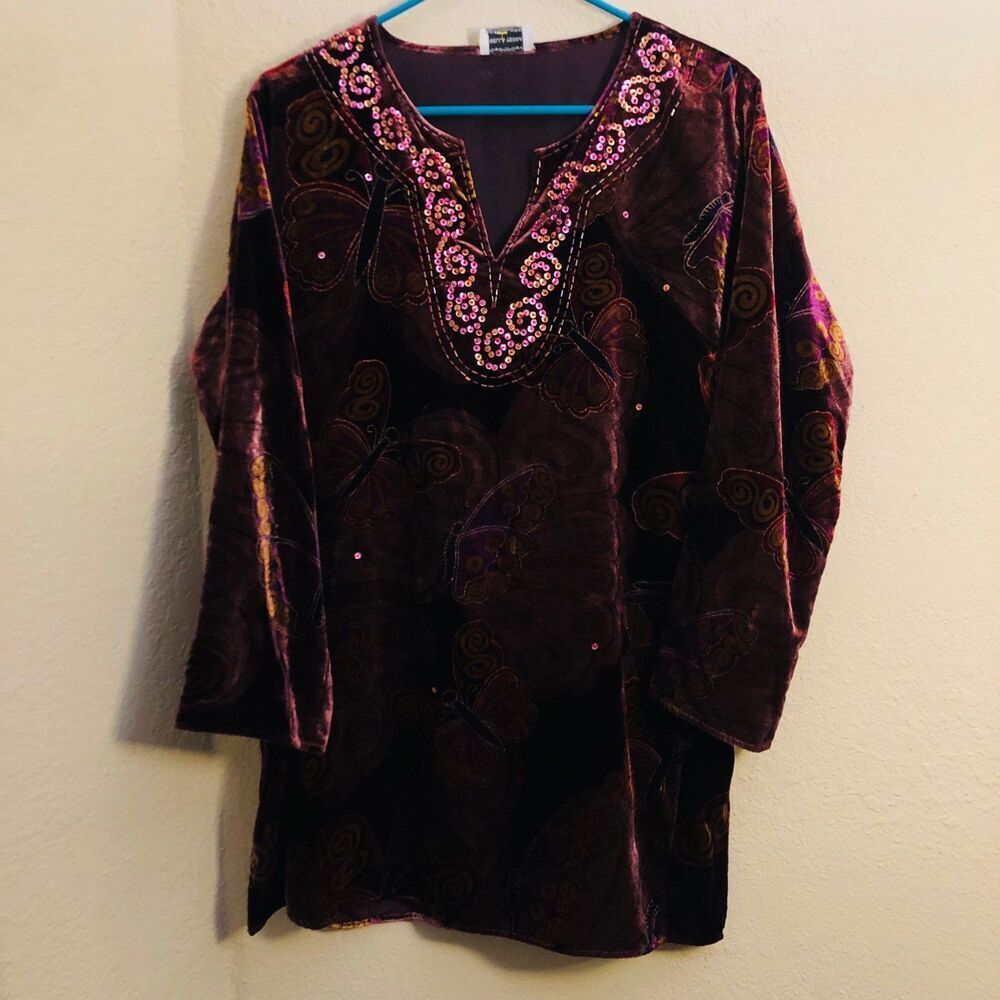 Bella Terra Womens Velvet Tunic Top XL Multi-Colored Butterfly Print Sequin Boho